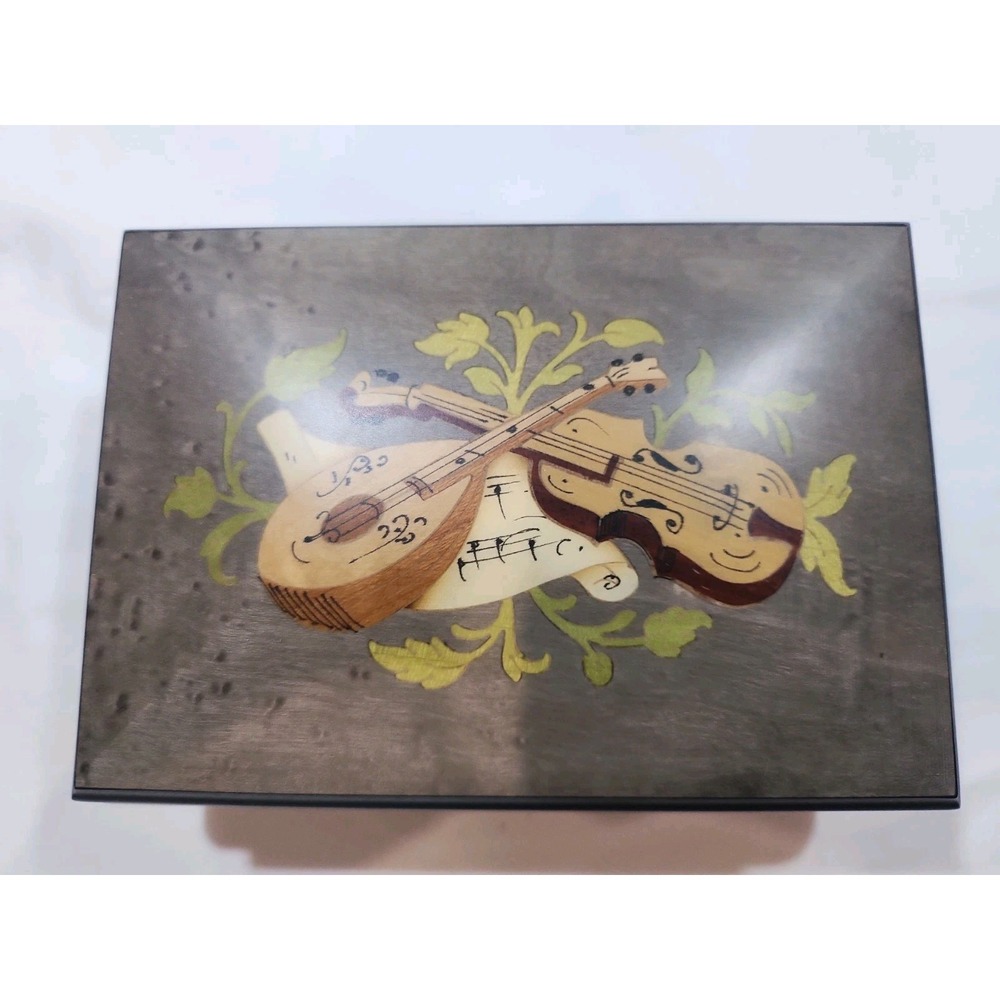 Vintage~Italian Music ~Jewelry Box~Wood Inlay~Mandolin Violin ~Pink Velvet Lined